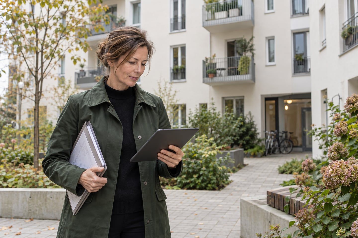 Vermögensschadenhaftpflicht für Hausverwalter Hausverwalterin prüft Unterlagen auf einem Tablet im Innenhof eines Mehrfamilienhauses.
