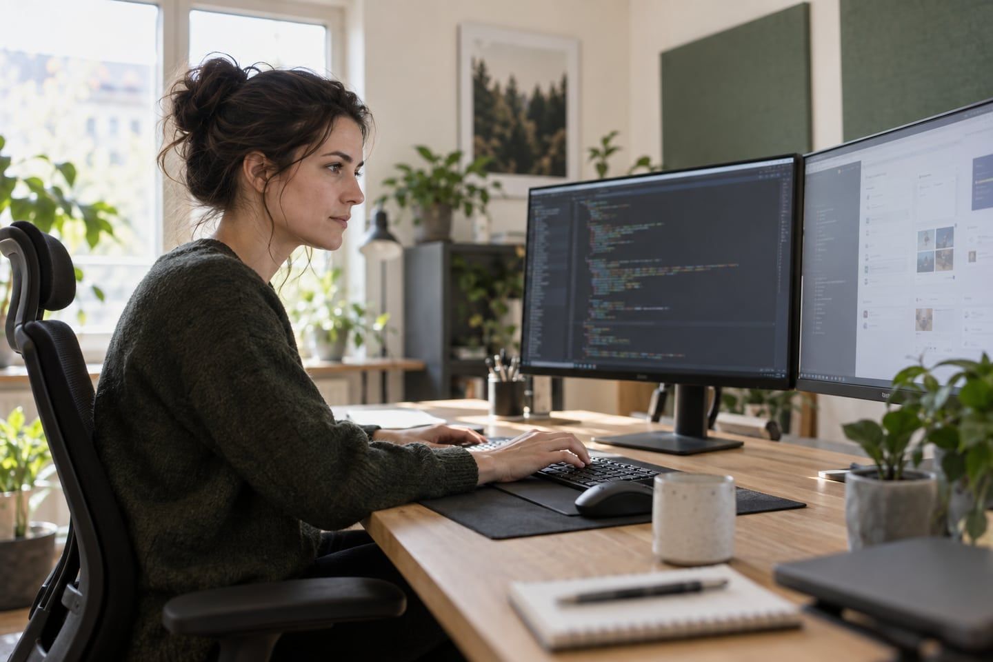 IT-Haftpflicht für berufliche Risiken der Softwareentwicklung Softwareentwicklerin arbeitet an zwei Monitoren in einem hellen Büro.