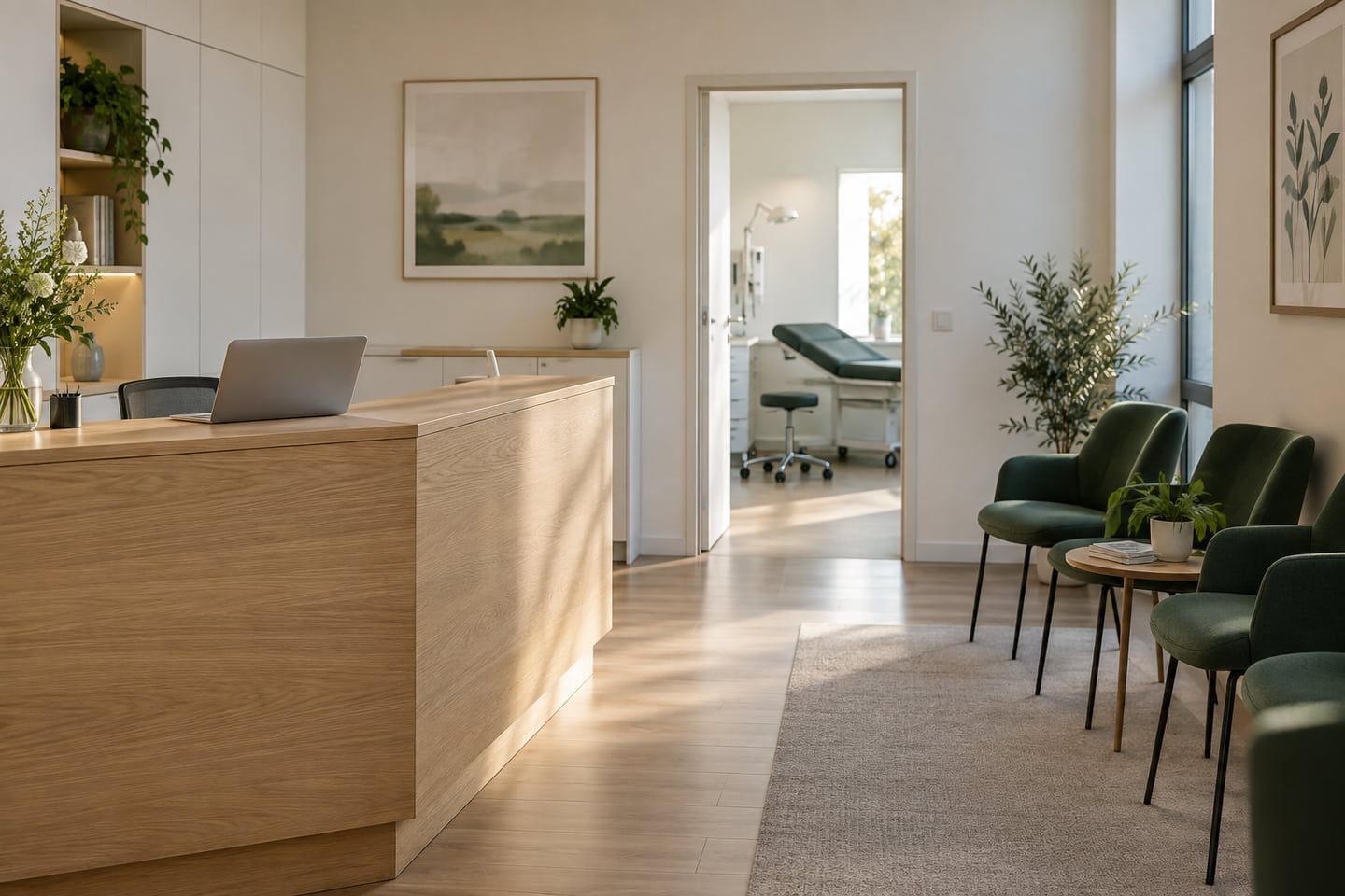 Praxisausfallversicherung: laufende Kosten einer Arztpraxis Leerer Empfangs- und Wartebereich einer Arztpraxis mit Blick in ein Behandlungszimmer.