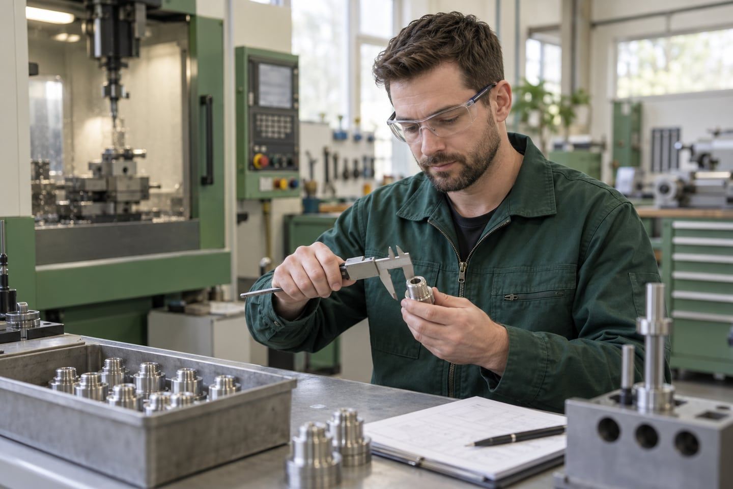 Produkthaftpflicht und Qualitätskontrolle in der Fertigung Mitarbeiter mit Schutzbrille kontrolliert ein Metallbauteil mit einem Messschieber an einer Prüfbank.