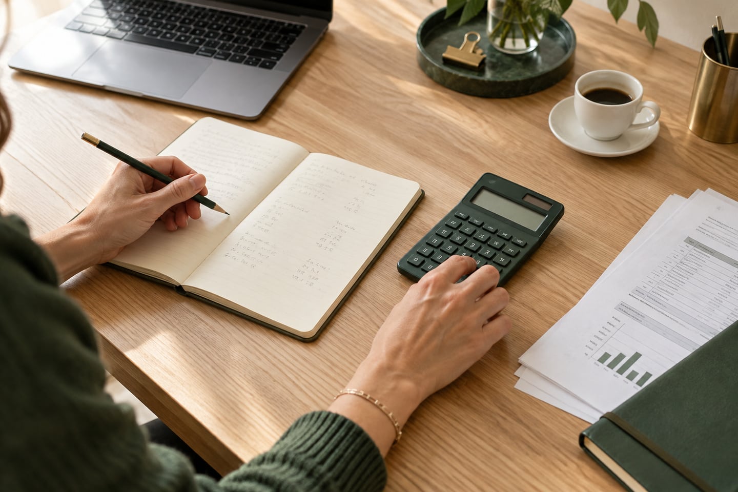 Vermögensschadenhaftpflicht: Kosten und Beiträge planen Selbstständige plant Ausgaben mit Taschenrechner, Notizbuch und Laptop am Schreibtisch.
