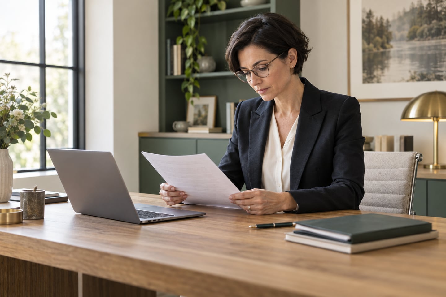 Vermögensschadenhaftpflichtversicherung für berufliche Verantwortung Selbstständige mit Brille prüft Projektunterlagen an ihrem Schreibtisch neben einem Laptop.