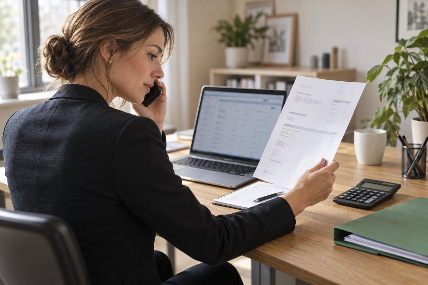Vertrauensschadenversicherung und Prüfung von Zahlungsanweisungen Mitarbeiterin vergleicht eine Rechnung mit Angaben am Laptop und klärt Details telefonisch.